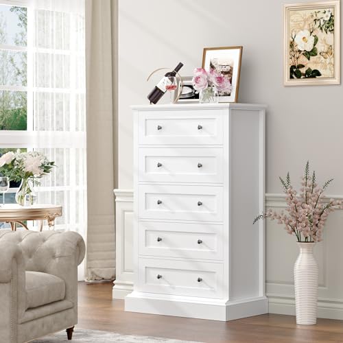 FACBOTALL 5 Drawer Dresser, 47.2" Tall White Dresser with 5 Drawers, Chest of Drawers Cabinet Wood Dresser for Hallway Living Room