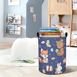 Clastyle 45L Lovely Animals Books Fox Turtle Bear Kids Laundry Hamper Rabbit Deer Koala Blue Round Toy Clothes Storage Basket for Children Room, 14.2x17.7 in