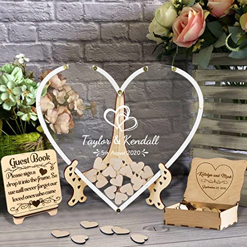 Personalized Wedding Guest Book Alternative Custom Rustic Wedding Book for Guests to Sign Guest Book Frame with Hearts for Reception Wedding Decorations, Graduation, Baby Shower (A-Heart Guestbook-2)