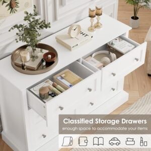 FACBOTALL Modern 6 Drawer Double Dresser, White Dresser Wood Dresser, Wide Chest of Drawers with Deep Drawers & Mental Double Handles for Hallway Living Room