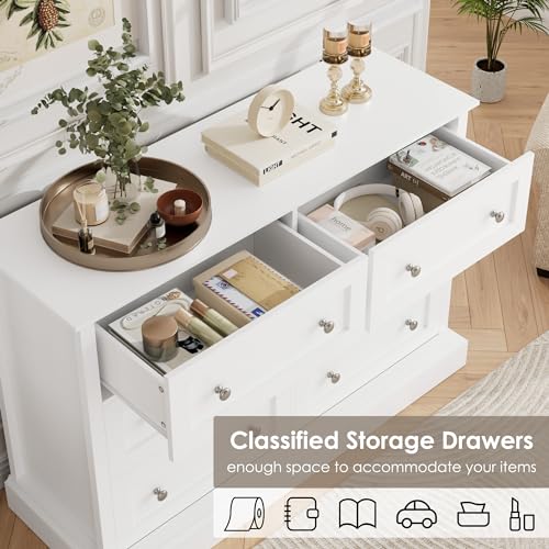 FACBOTALL Modern 6 Drawer Double Dresser, White Dresser Wood Dresser, Wide Chest of Drawers with Deep Drawers & Mental Double Handles for Hallway Living Room