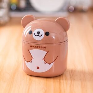 NUOBESTY Mini Desk Trash Can Cute Bear Trash Bin Cartoon Desktop Storage Box Garbage Container with Lid for Bathroom Kitchen(Brown)