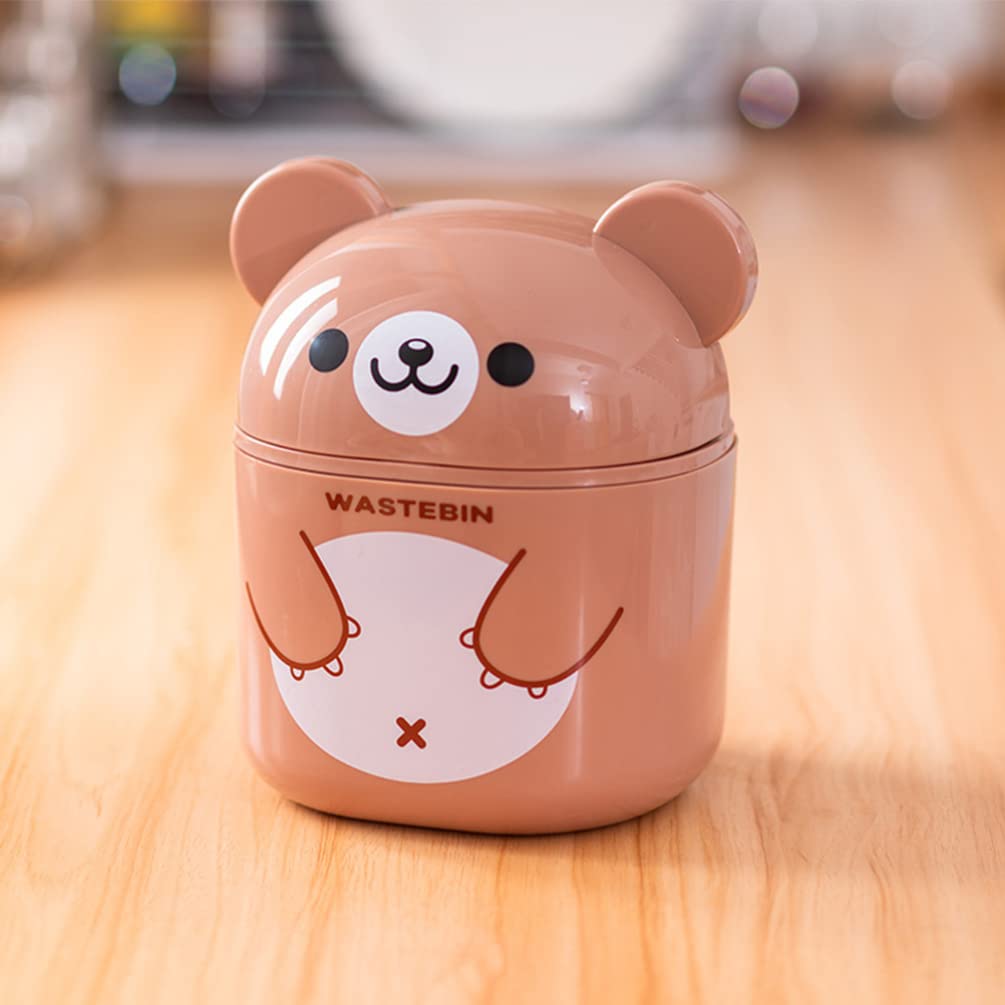 NUOBESTY Mini Desk Trash Can Cute Bear Trash Bin Cartoon Desktop Storage Box Garbage Container with Lid for Bathroom Kitchen(Brown)