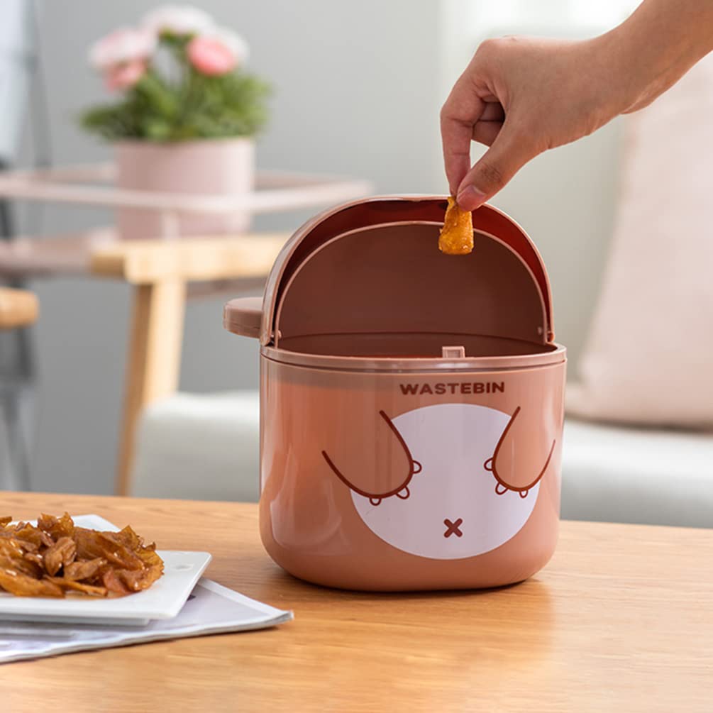 NUOBESTY Mini Desk Trash Can Cute Bear Trash Bin Cartoon Desktop Storage Box Garbage Container with Lid for Bathroom Kitchen(Brown)