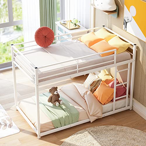 LostCat Bunk Bed Twin Over Twin, Low Bunk Beds with Safety Guardrail and Ladder, Metal Floor Bunk Bed with Slat Support, No Box Spring Needed, Easy Assembly, White