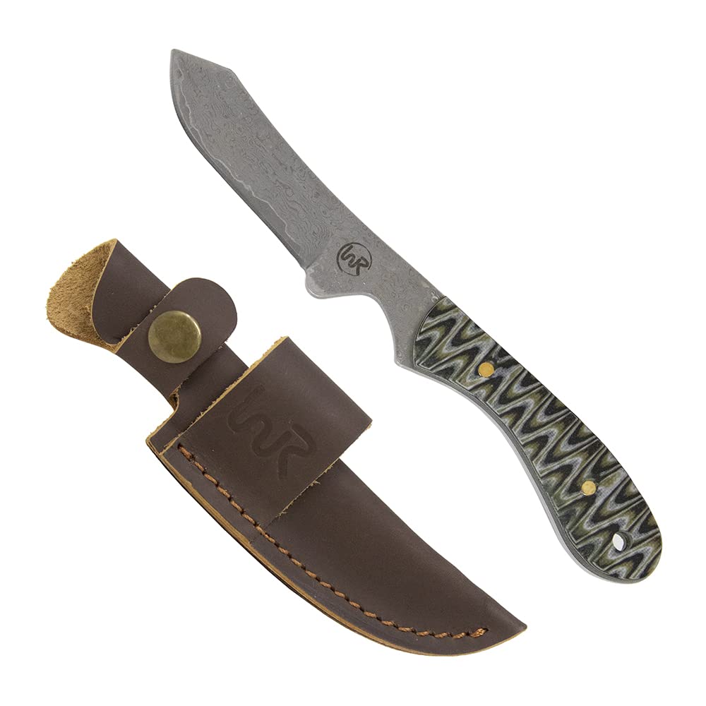 WHISKEY BENT HAT CO. Sendero Caper 440 Stainless Steel Fixed Blade Knife w/Leather Sheath (Brown Fang - Damascus Blade)