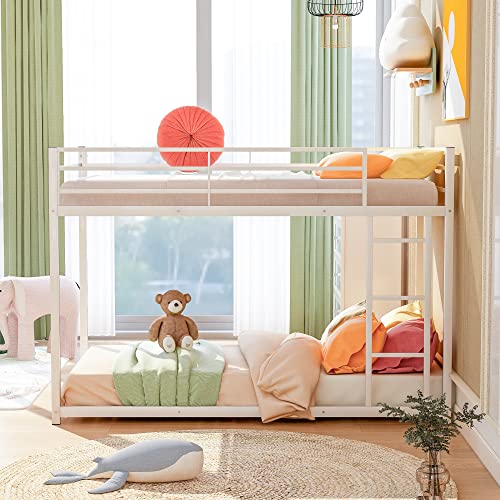 LostCat Bunk Bed Twin Over Twin, Low Bunk Beds with Safety Guardrail and Ladder, Metal Floor Bunk Bed with Slat Support, No Box Spring Needed, Easy Assembly, White