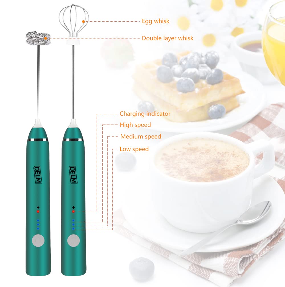 Delm Milk Frother Electric USB Stainless Steel Accessory - Frother Wand Foam Maker for Lattes - Milk Frother Handheld for Cappuccino, Frappe, Matcha, Hot Chocolate - Frother for Coffee (green)