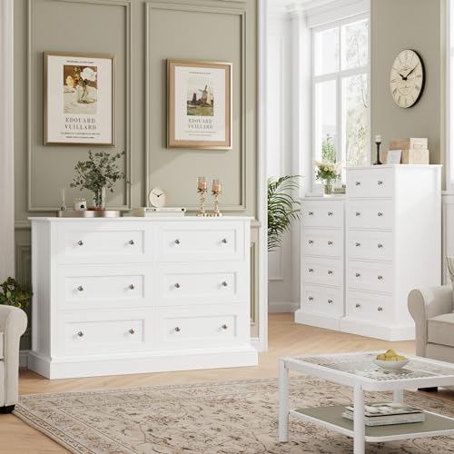 FACBOTALL Modern 6 Drawer Double Dresser, White Dresser Wood Dresser, Wide Chest of Drawers with Deep Drawers & Mental Double Handles for Hallway Living Room