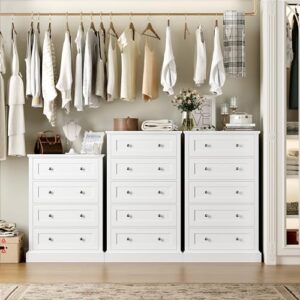 FACBOTALL 5 Drawer Dresser, 47.2" Tall White Dresser with 5 Drawers, Chest of Drawers Cabinet Wood Dresser for Hallway Living Room