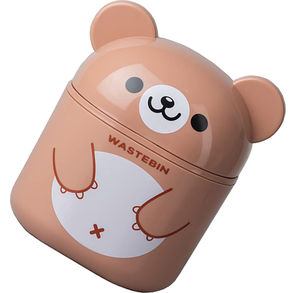 NUOBESTY Mini Desk Trash Can Cute Bear Trash Bin Cartoon Desktop Storage Box Garbage Container with Lid for Bathroom Kitchen(Brown)