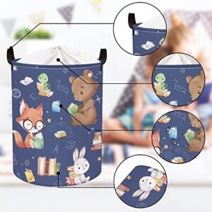 Clastyle 45L Lovely Animals Books Fox Turtle Bear Kids Laundry Hamper Rabbit Deer Koala Blue Round Toy Clothes Storage Basket for Children Room, 14.2x17.7 in