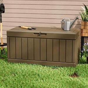 Greesum 82 Gallon Resin Deck Box Large Outdoor Storage for Patio Furniture, Garden Tools, Pool Supplies, Weatherproof and UV Resistant, Lockable, Brown