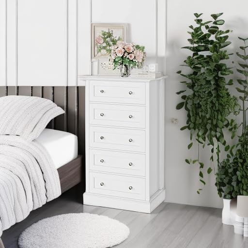 FACBOTALL 5 Drawer Dresser, 47.2" Tall White Dresser with 5 Drawers, Chest of Drawers Cabinet Wood Dresser for Hallway Living Room