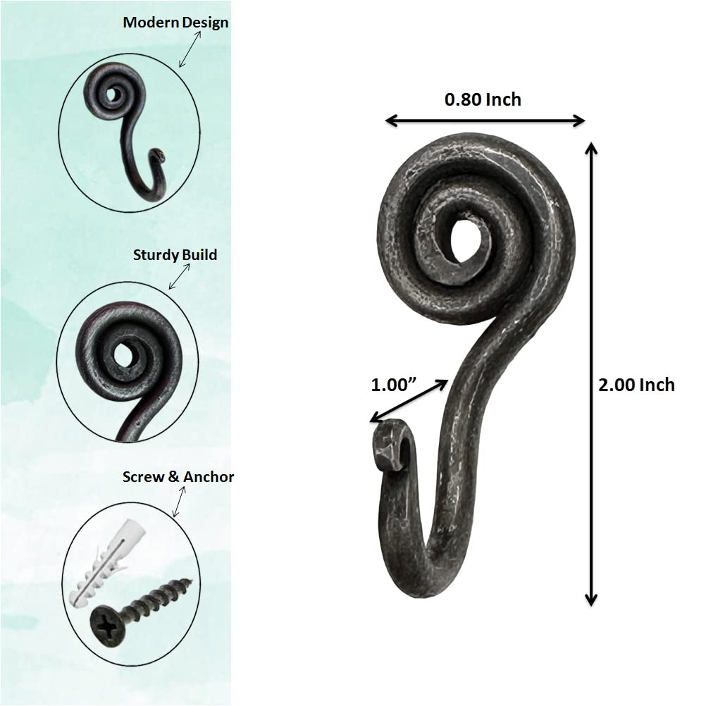 Living Ideas Hand Forged Spiral Hooks Set of 6 Pcs Handmade Wrought Iron Wall Mounted Coat Hook Blacksmith Metal Wall Towel Hooks Rack Black Antique Finish Wall Hooks