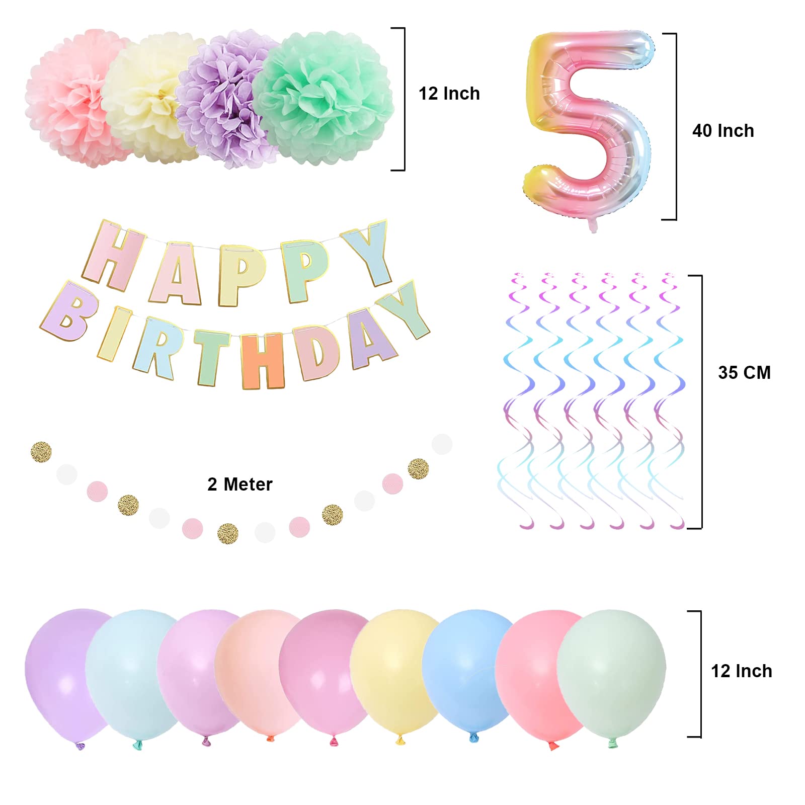 BRT Bearingshui 5th Birthday Decorations for Girls Boys, 40 Inch Rainbow Gradient Number 5 Balloon, 5th Birthday Balloon, Happy Birthday Banner, Children’s 5th Birthday Party Supplies for Kids