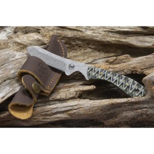 WHISKEY BENT HAT CO. Sendero Caper 440 Stainless Steel Fixed Blade Knife w/Leather Sheath (Brown Fang - Damascus Blade)