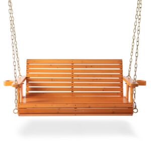 porch wooden swings with chain - outdoor finished hanging bench swing chair furniture 2 seater, natural for garden, courtyard, patio