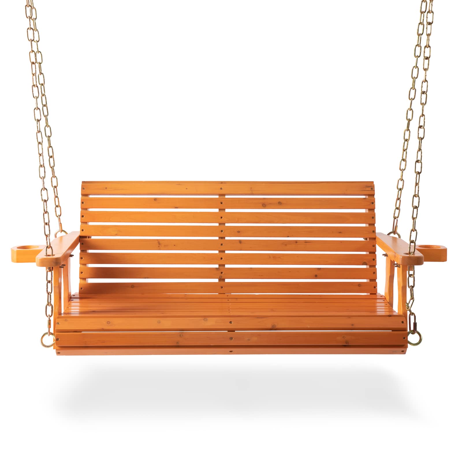 Porch Wooden Swings with Chain - Outdoor Finished Hanging Bench Swing Chair Furniture 2 Seater, Natural for Garden, Courtyard, Patio