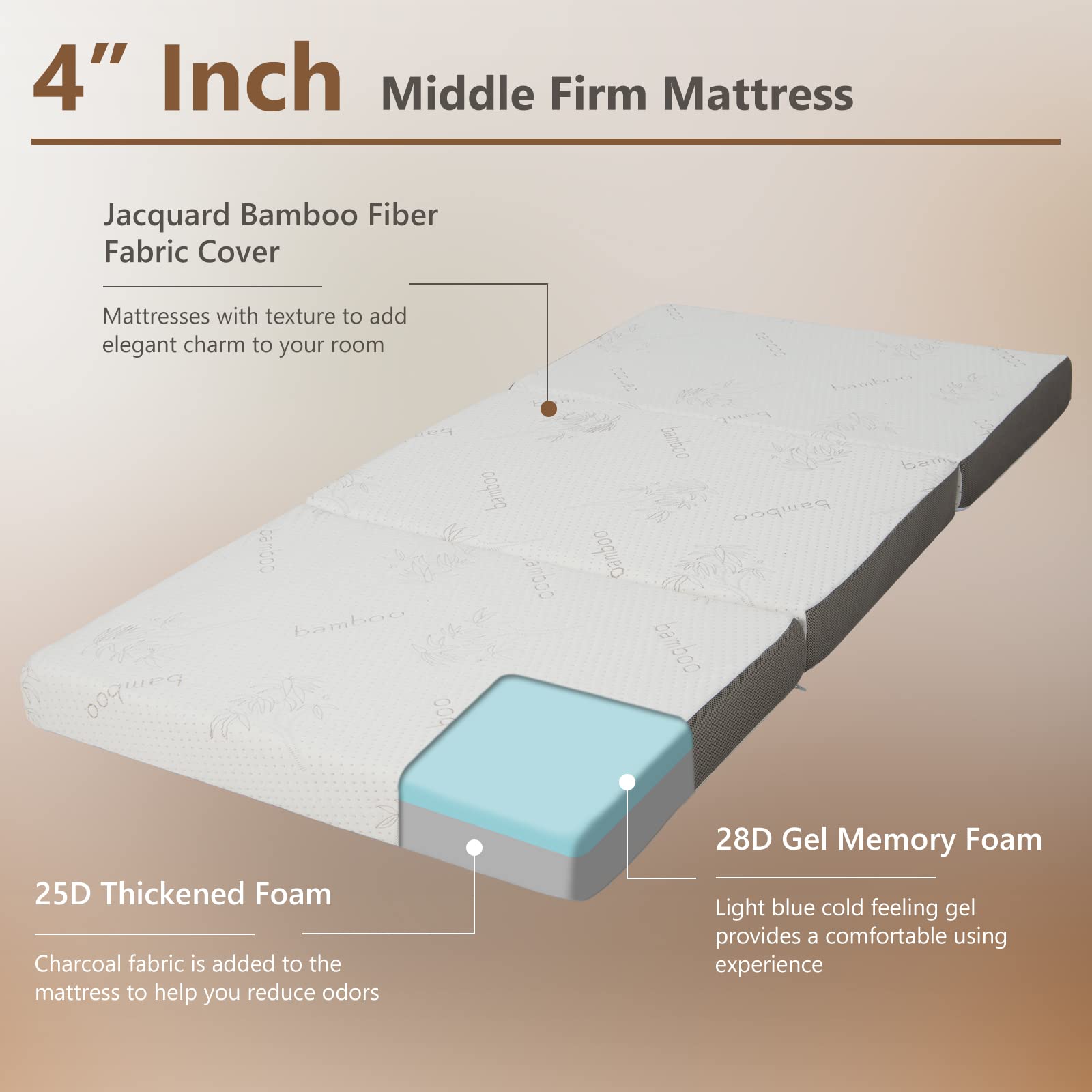 GOFLAME Memory Foam Tri-Fold Mattress, 4” Foldable Floor Mattress with Storage Bag & Removable Cover, Cool Gel Memory Mattress with Bamboo Fabric for Guest Room, Living Room, RV, Camp (Twin XL)