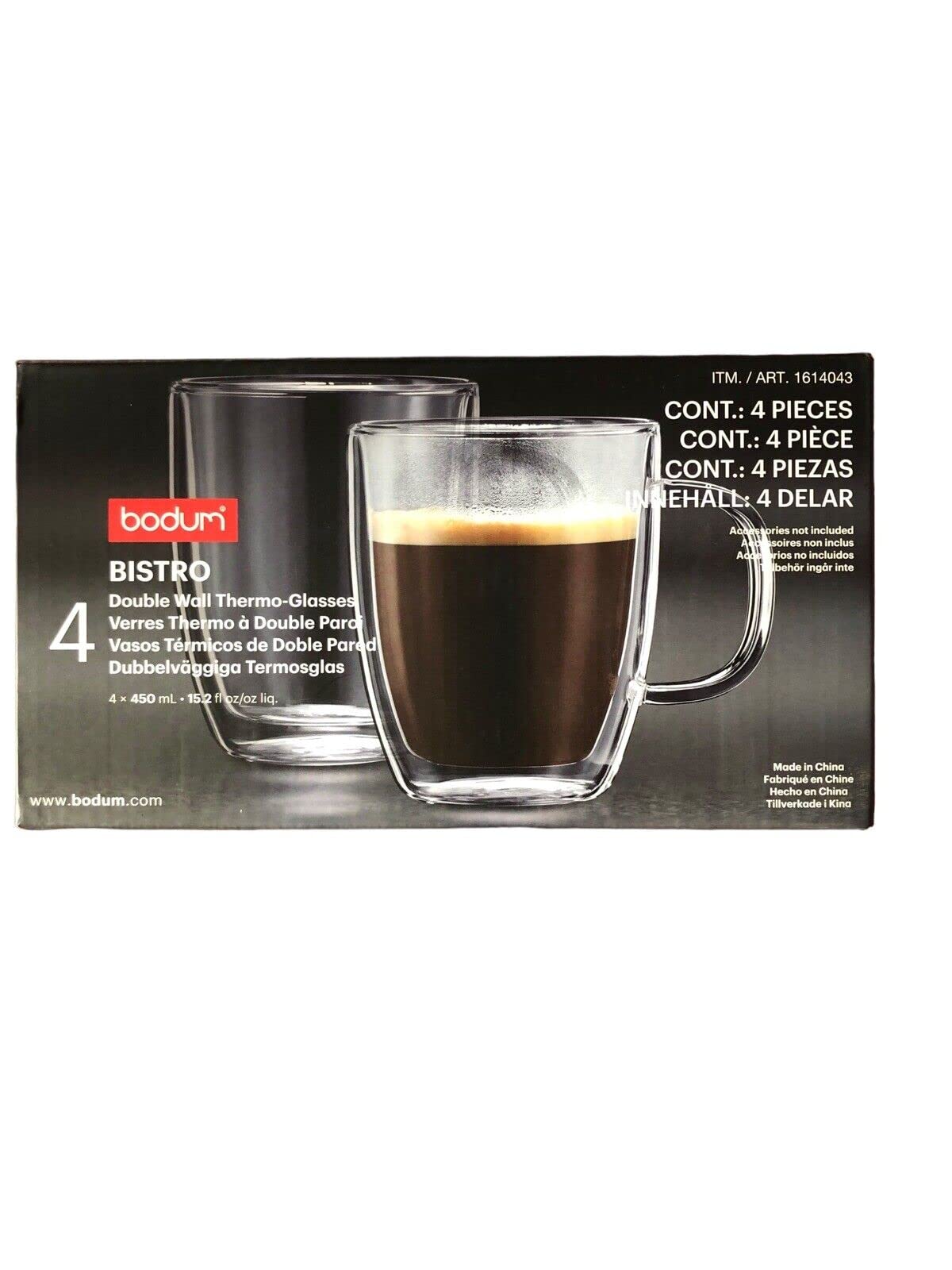 Bodum Bistro Double Wall Thermo-Glasses Coffee Mug Set, 15 Ounce, Clear (4-pack)