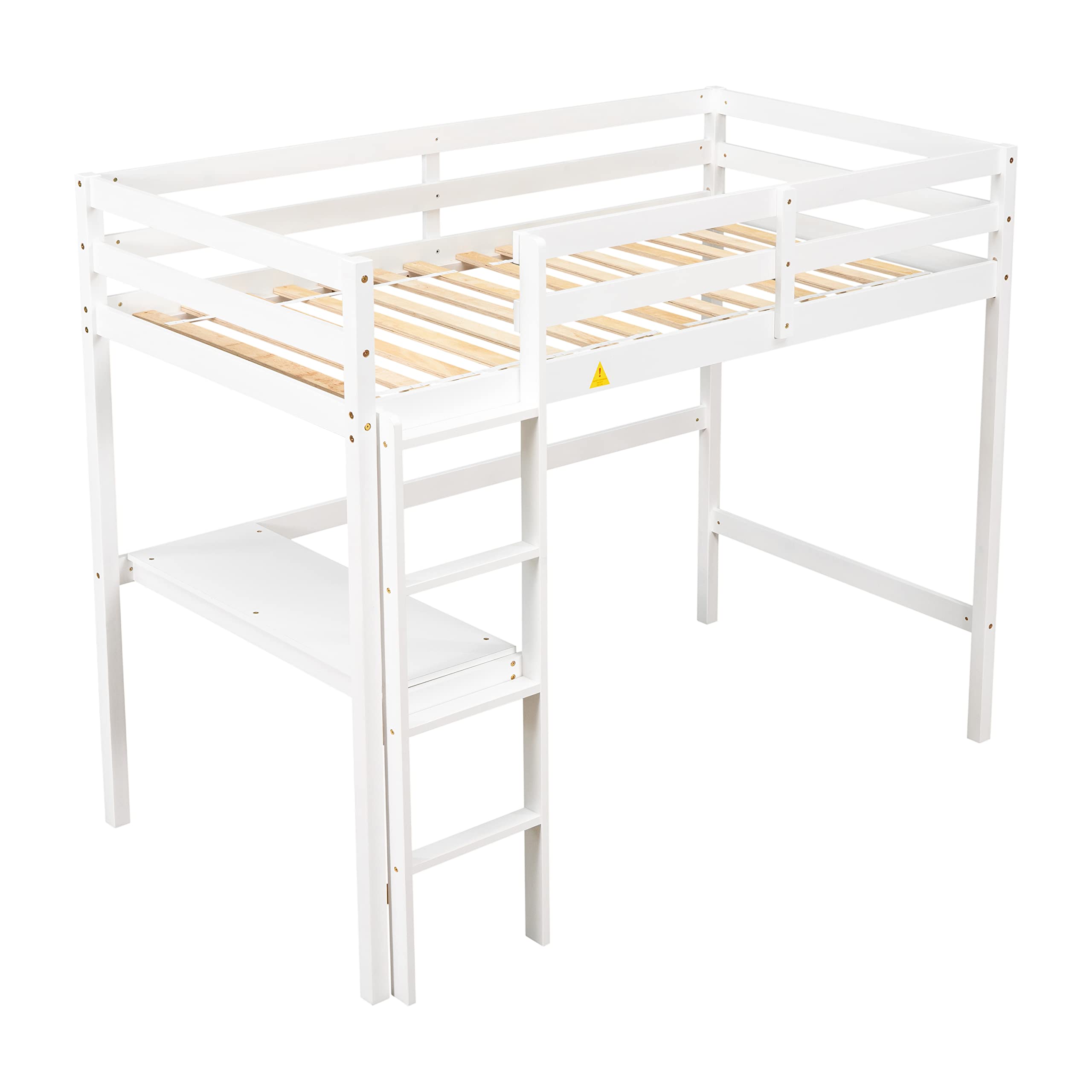 LiviNest Twin Loft Bed Frame - Wood Pine Bed Frames with Ladder Safety Rail and Desk - Loft Size Bed with Table for Kids Boys Girls White