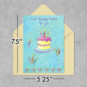 Designer Greetings Special Thoughts Happy Birthday Cards, “Sweet Birthday Wishes” Cake with Candles Design (Pack of 6 Cards with Yellow Envelopes)