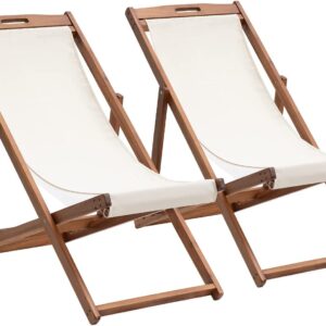 Patio Lounge Chair Outdoor Beach Chair Set of 2, Beach Sling Chair Patio Chairs Set of 2 , Wooden Folding Outdoor Chairs for Outside, 3 Level Height Adjustable, Portable Reclining Beach Chair