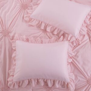 ROYALAY Pink Bedding Kids Comforter Sets for Girls Ruffle Bedding Set Full/Queen Size with 2 Pillow Shams, Blush Pinch Pleat Comforter for All Season (Pink, Full-81"x86")