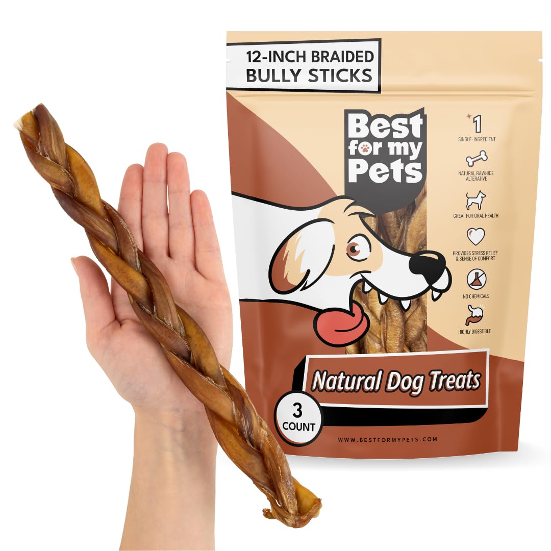 Best For My Pets Braided Bully Sticks for Dogs (12 Inch, 3 Pack) - Premium Long Lasting Dog Chew Treats to Keep Puppies and Dogs Happily Busy - Dog Dental Chews - Fully Digestible Rawhide-Free Treats