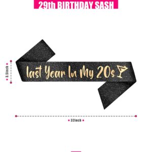 PartyForever 29th Birthday Sash for Women Last Year in My 20s Black Glitter Sash with Rose Gold Letters Birthday Decoration for Her