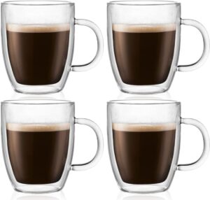 bodum bistro double wall thermo-glasses coffee mug set, 15 ounce, clear (4-pack)