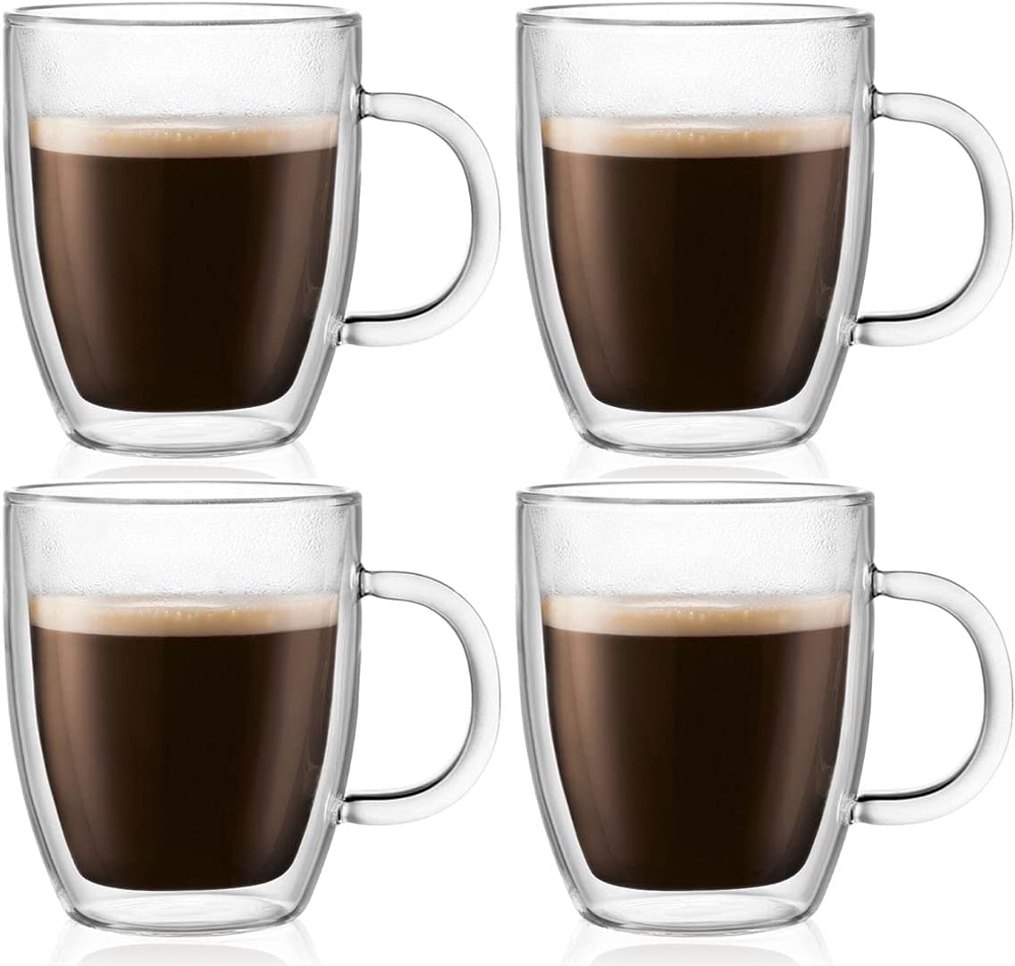 Bodum Bistro Double Wall Thermo-Glasses Coffee Mug Set, 15 Ounce, Clear (4-pack)