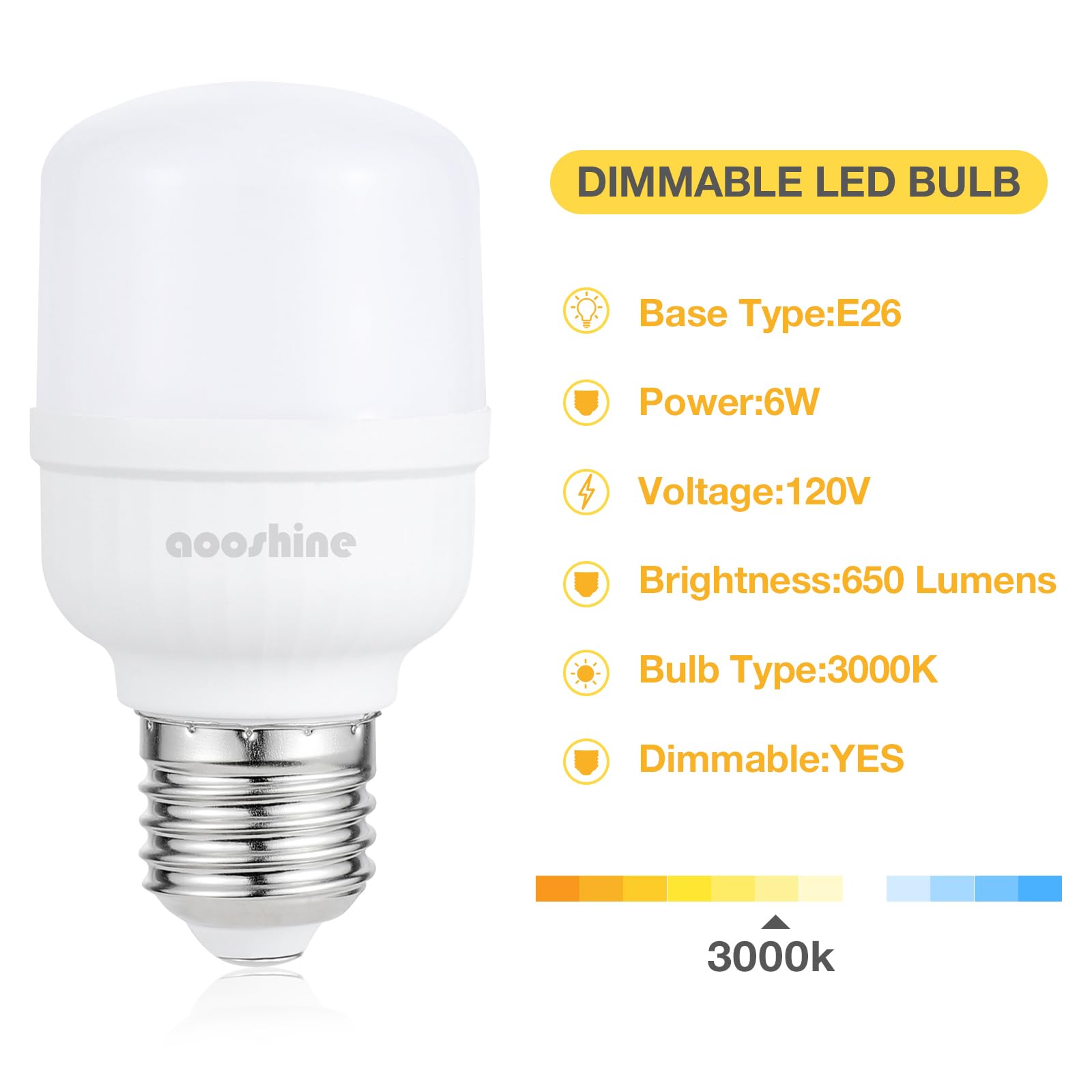 aooshine Q50 Dimmable LED Light Bulb - 3000K Warm White LED Light Bulb, Standard E26 Base, 1 Pack, 650 Lumens, 120Volts 6Watts LED Lighting Bulbs for Lamp