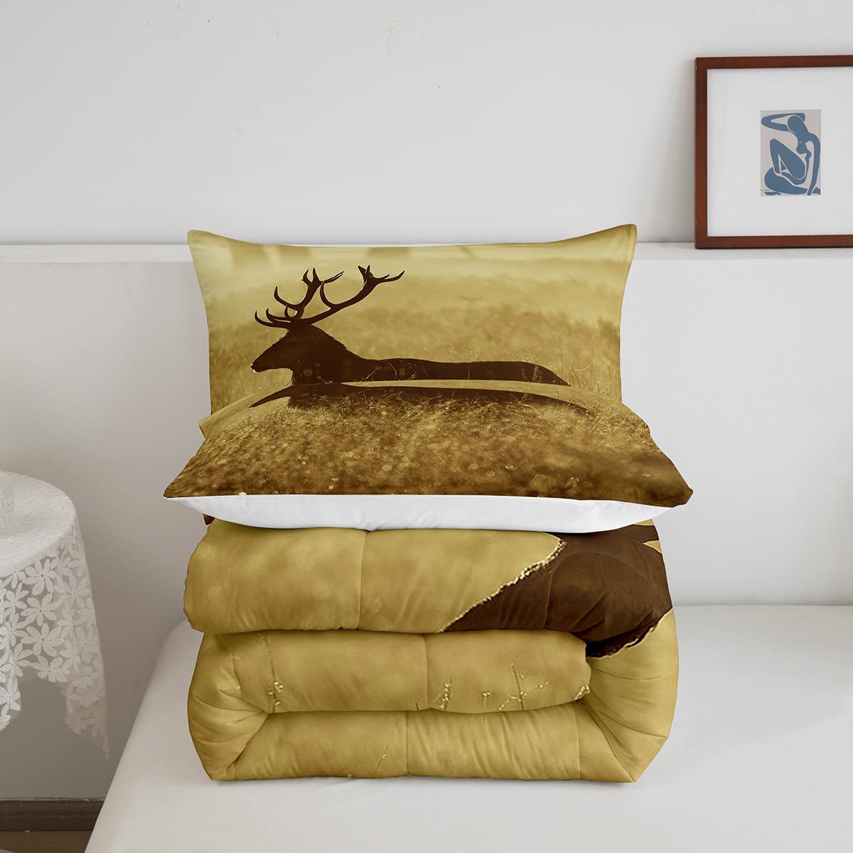 Deer Comforter Set Twin Size, Deer Antler Bedding Sets, Rural Hunting Theme Down Comforter, Rustic Countryside Style Duvet Insert, Wild Animals Quilt For Bedroom Decor All Season,Soft Lightweight