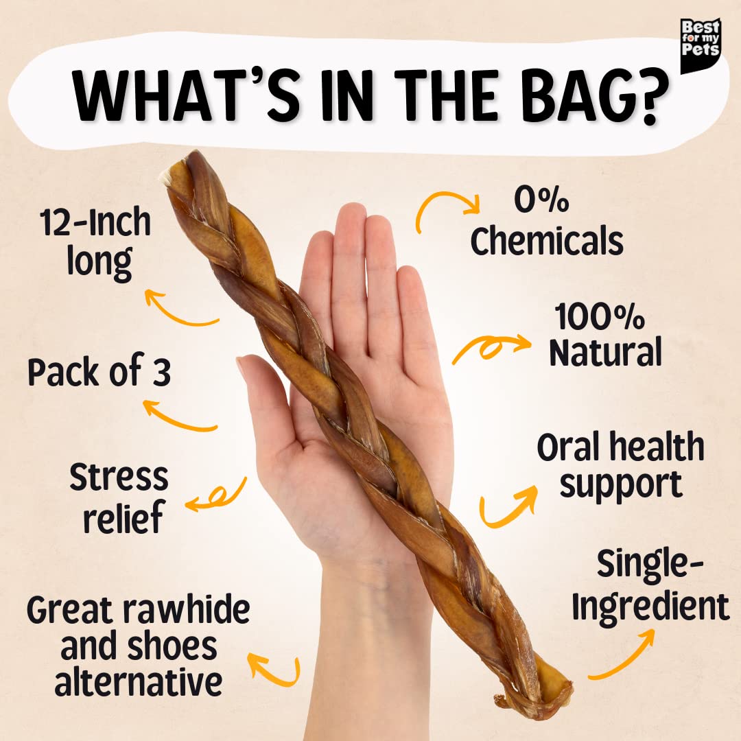 Best For My Pets Braided Bully Sticks for Dogs (12 Inch, 3 Pack) - Premium Long Lasting Dog Chew Treats to Keep Puppies and Dogs Happily Busy - Dog Dental Chews - Fully Digestible Rawhide-Free Treats