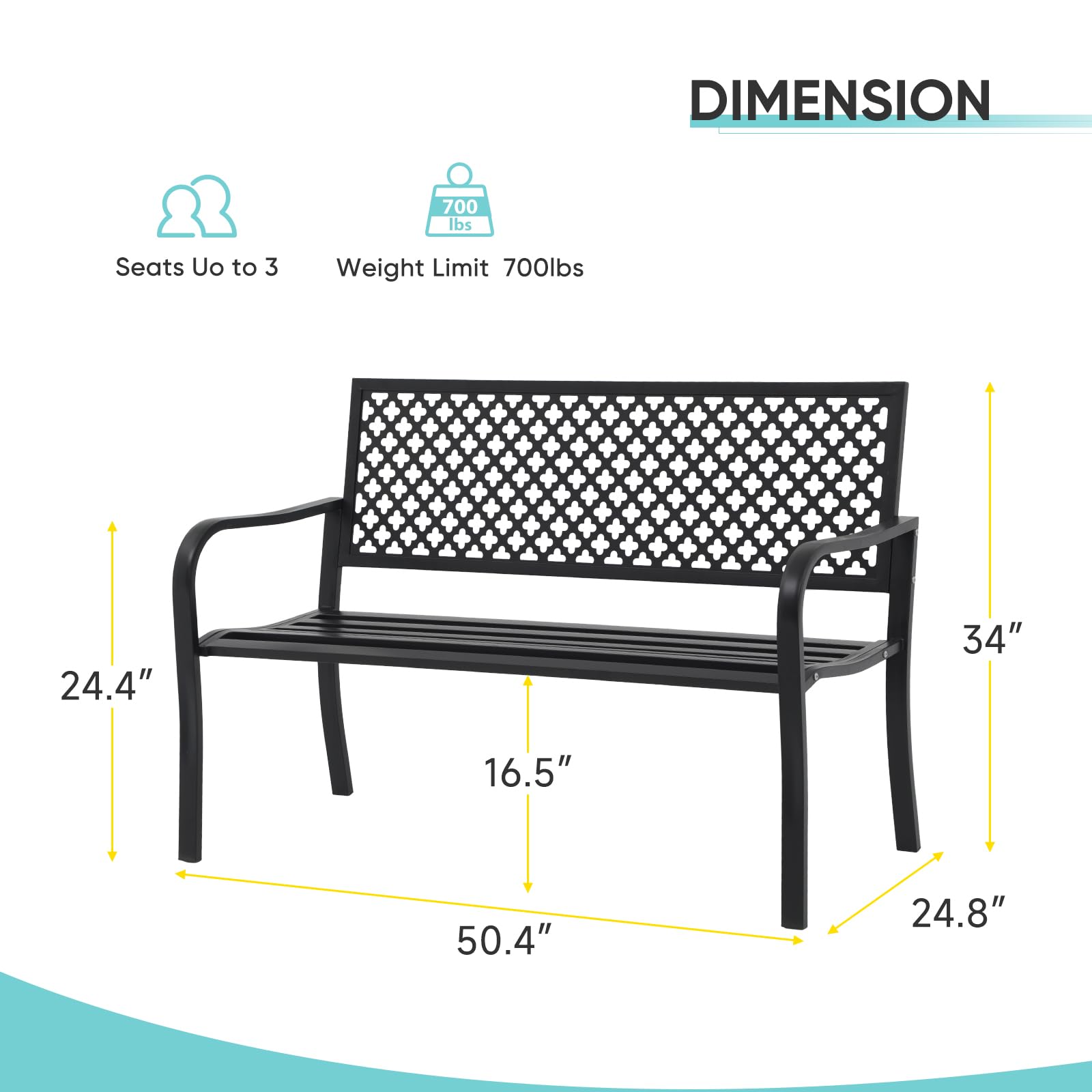 Verano Garden Outdoor Patio Bench Rust-Resistant Metal Park Bench with Armrest, Black Garden Bench for Yard, Porch, Park, Lawn