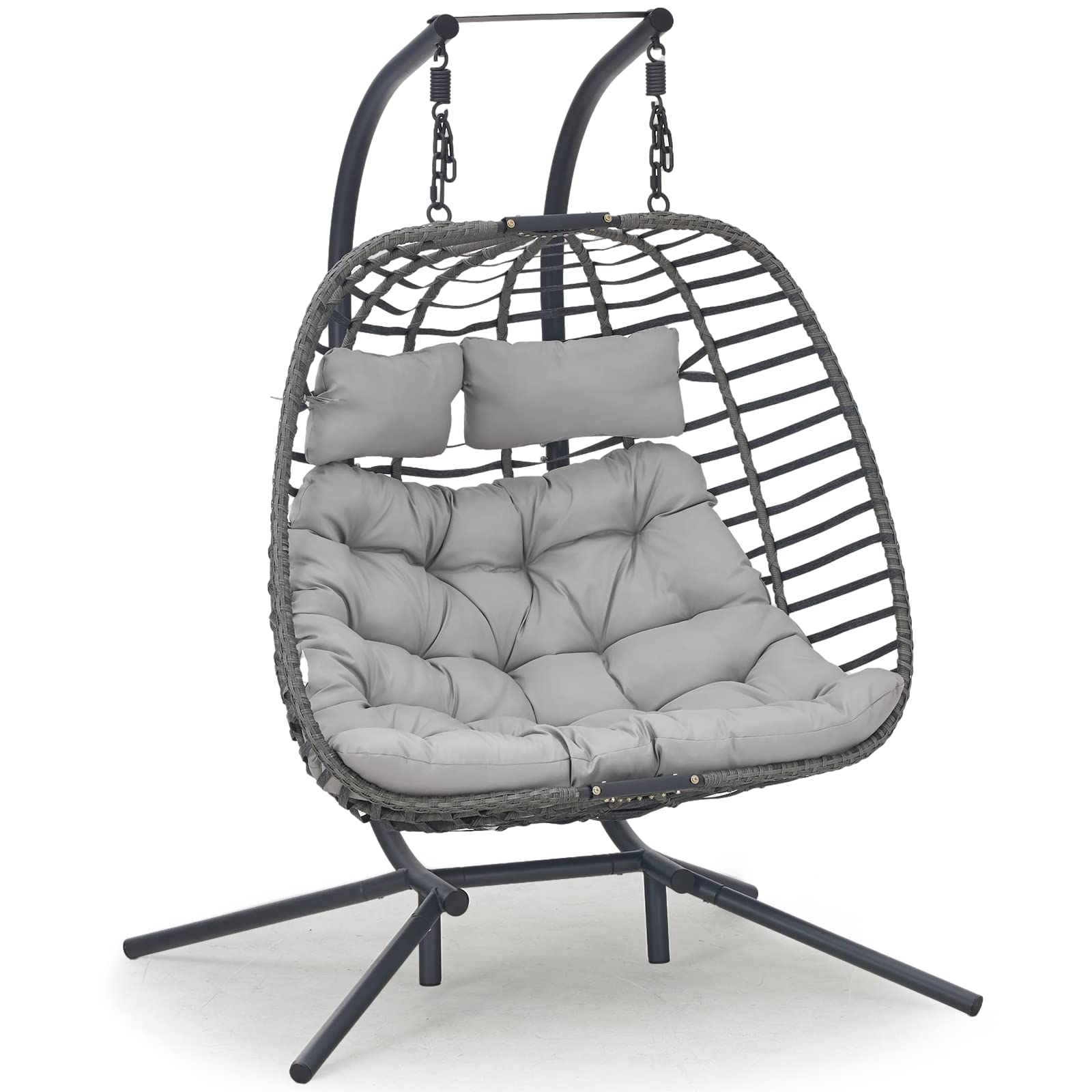 IRONKOM 2 Person Wicker Double Swing Chair with Cushion Grey