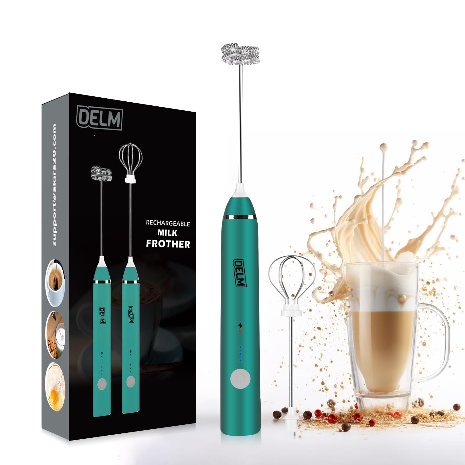 Delm Milk Frother Electric USB Stainless Steel Accessory - Frother Wand Foam Maker for Lattes - Milk Frother Handheld for Cappuccino, Frappe, Matcha, Hot Chocolate - Frother for Coffee (green)