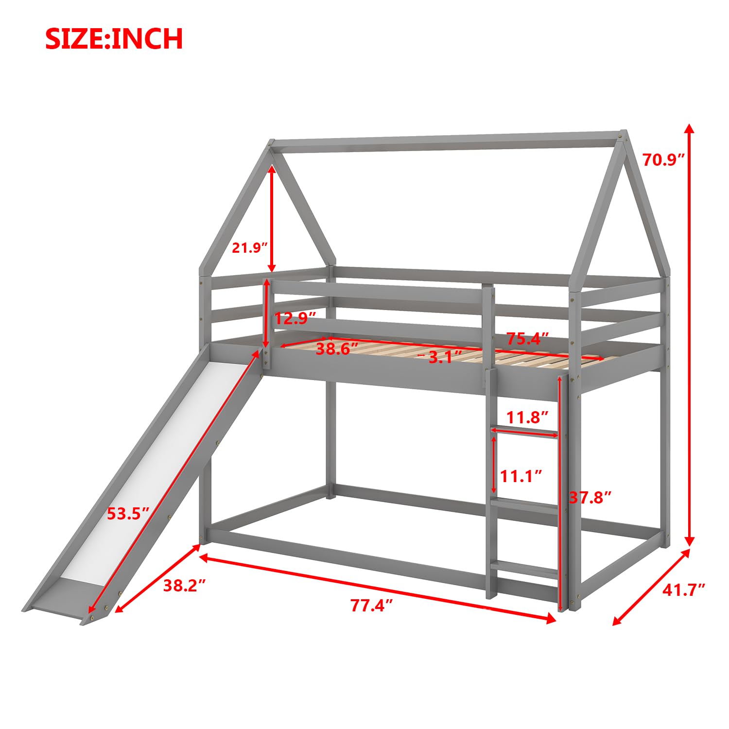 LostCat Twin Over Twin Bunk Bed with Slide,House Shaped Wooden Bunkbeds w/Safety Guardrail and Ladder,No Box Spring Needed,Suitable for Girls Boys,Grey