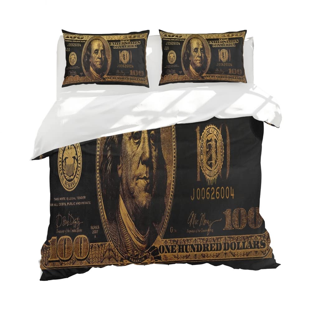 Reateforin 100 Dollar Bill Money Duvet Covers Set Mens Cool Comforter Cover Super Soft Duvet Cover Set 3 Pcs Washed Microfiber Bedding Set with Zipper Closure,1 Duvet Cover 104"x88" and 2 Pillow Shams