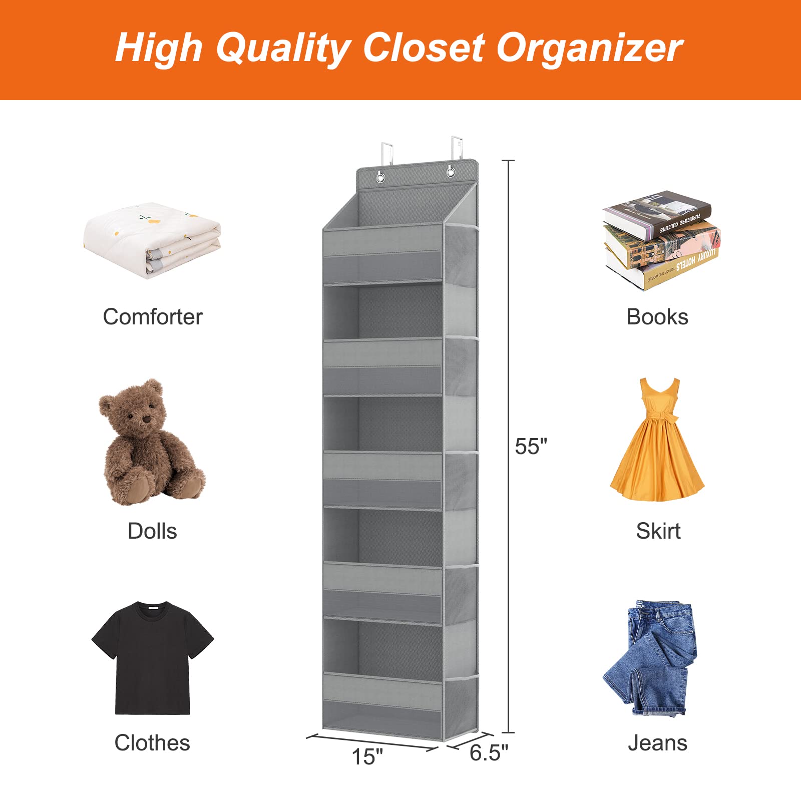 Fixwal Over Door Storage Organizer, 5-Shelf Wall Mount Upgrade Hanging Storage with 5 Large Pockets 10 Mesh Side Pockets for Pantry Bedroom Dorm Pantry Nursery Bathroom Diapers Clothes (Grey)