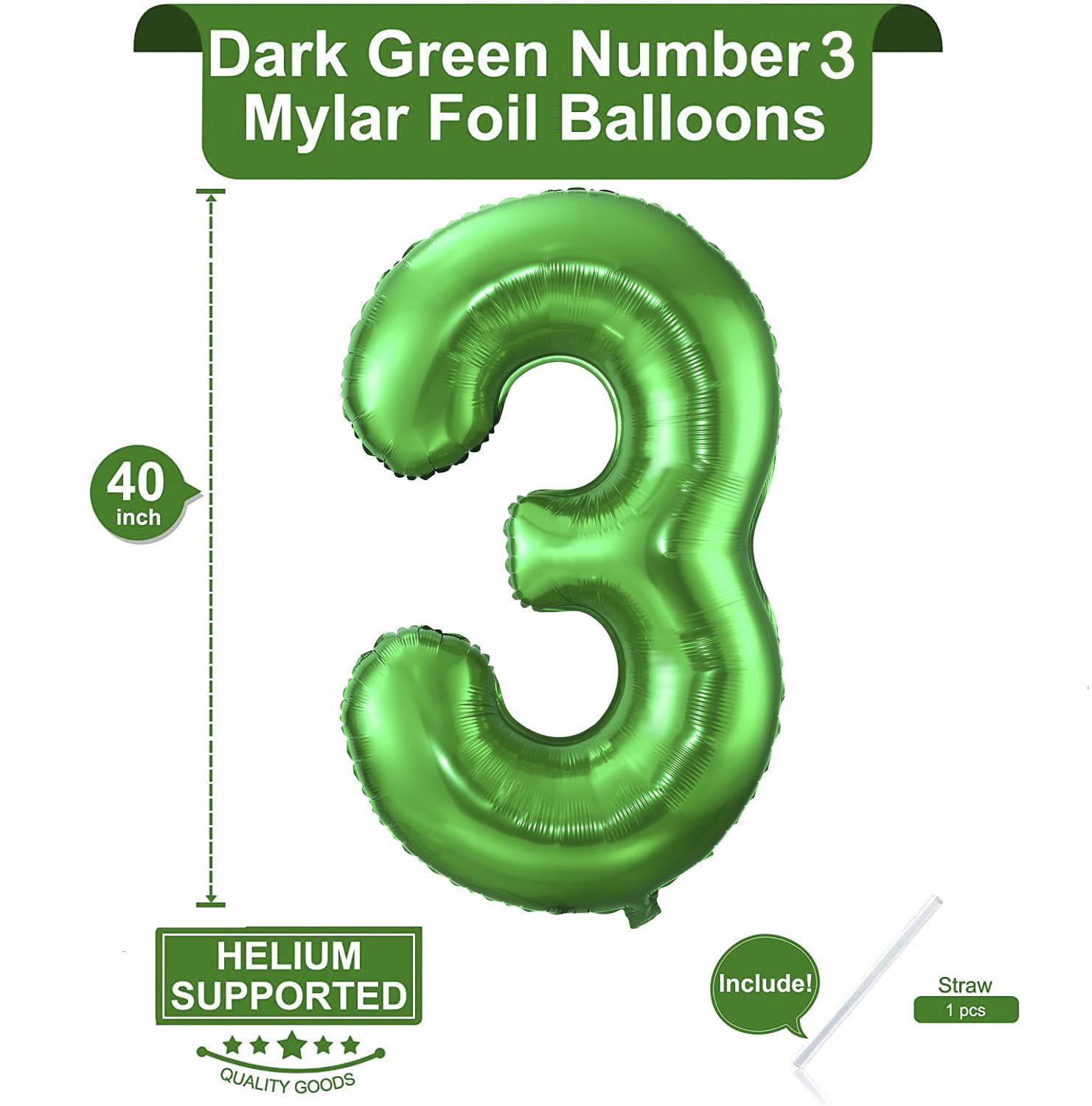 Dark Green Number 3 Balloon,40 Inch Green 3 Balloon Number,Large Mylar Foil Helium Number 3 Balloons for Birthday Party Celebration Decorations Graduations Anniversary