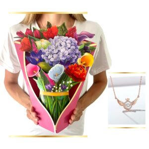 3d pop-up greeting card, 12 inch life sized hydrangea bouquet artificial flowers, 18k gold plated necklace gift with note card and envelope birthday card for mom gifts for women