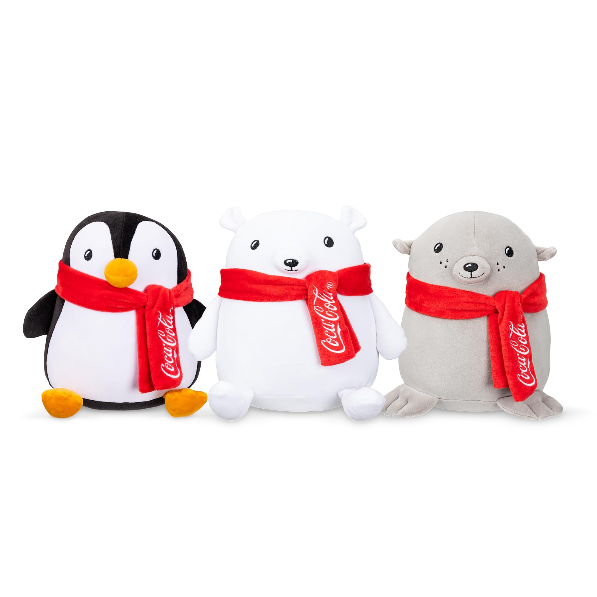 Coca-Cola 9" Penguin with Scarf Snowball Plushies, Soft, Squishy Stuffed Animal, Great Gift for Boy, Girl, Kids & Toddlers for Christmas & Birthdays, Cuddle Pillow, Dorm Bed Décor