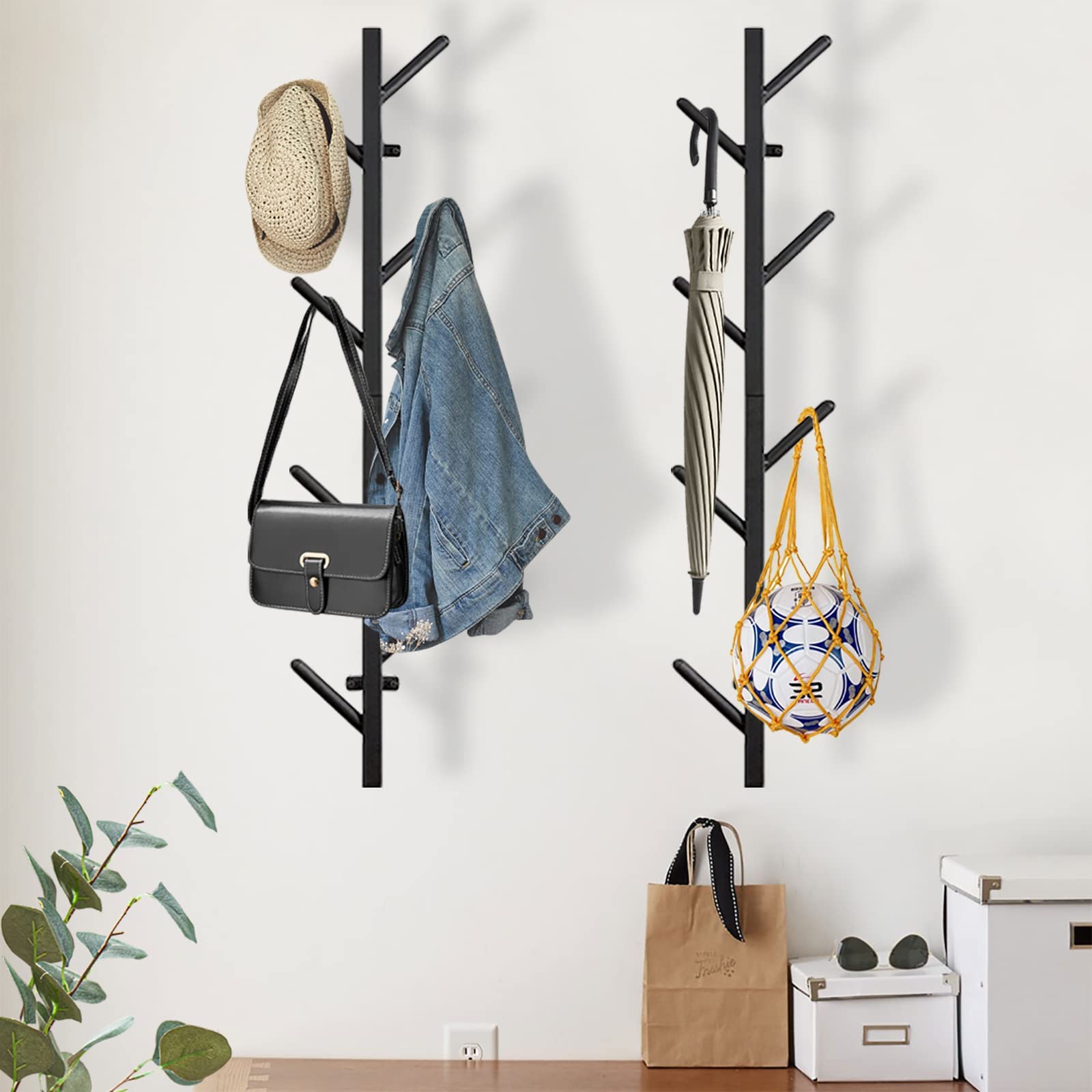 GAWAMAY Vertical Coat Rack Wall Mount Set of 2, Black Modern Metal Coat Hanging Cowboy Hat Rack for Wall, Mounted Coat Hooks Organizer for Hallway Entryway Bedroom Living Room Home Decor (H-33.4")