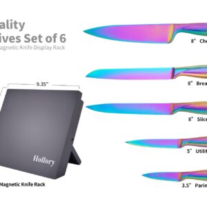 Rainbow Knives Block Set 6 Pieces, Iridescent German High Carbon Stainless Steel Kitchen Knives Pack with Magnetic Knife Display Rack