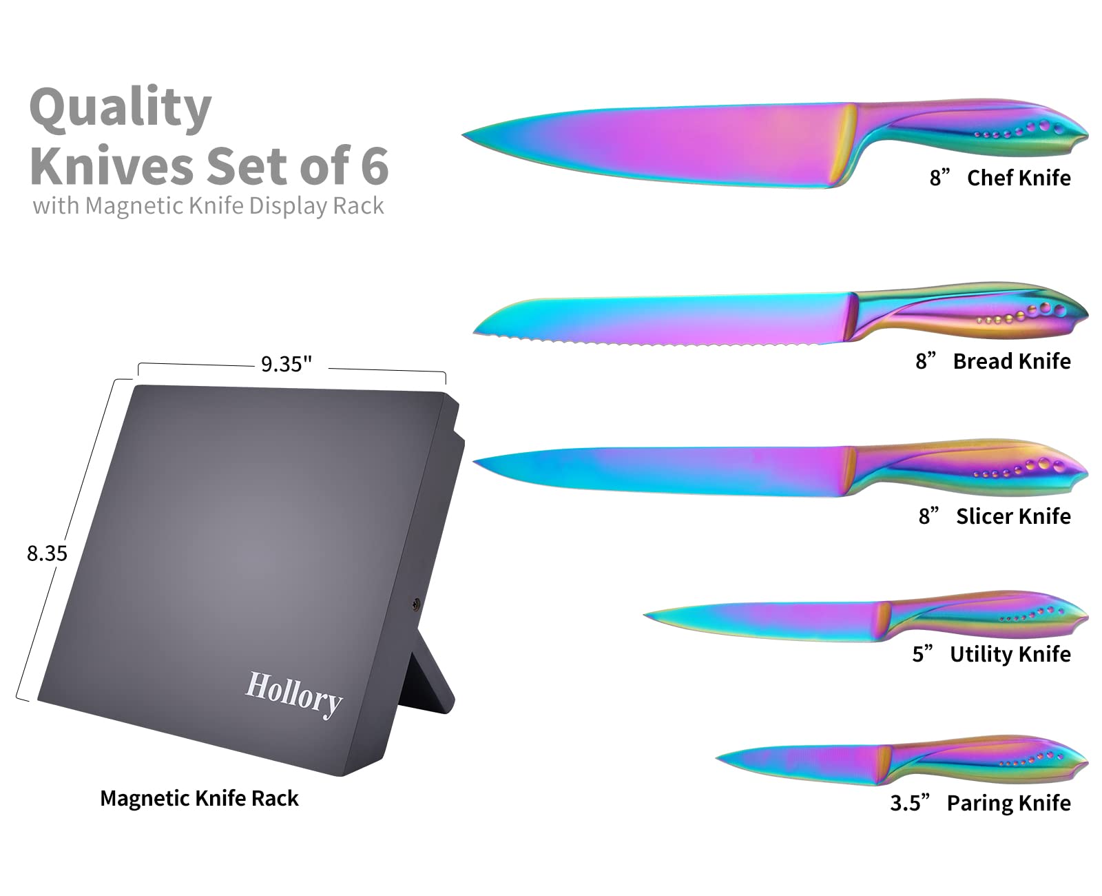 Rainbow Knives Block Set 6 Pieces, Iridescent German High Carbon Stainless Steel Kitchen Knives Pack with Magnetic Knife Display Rack