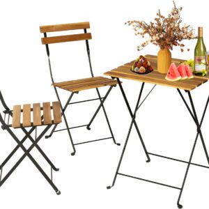 BLKMTY Folding Patio Bistro Set 3-Piece Outdoor Patio Furniture Sets Folding Table and Chairs Wood Bistro Set Balcony Cafe Table Square Patio Table Chair for Porch, Garden, Backyard, Nature