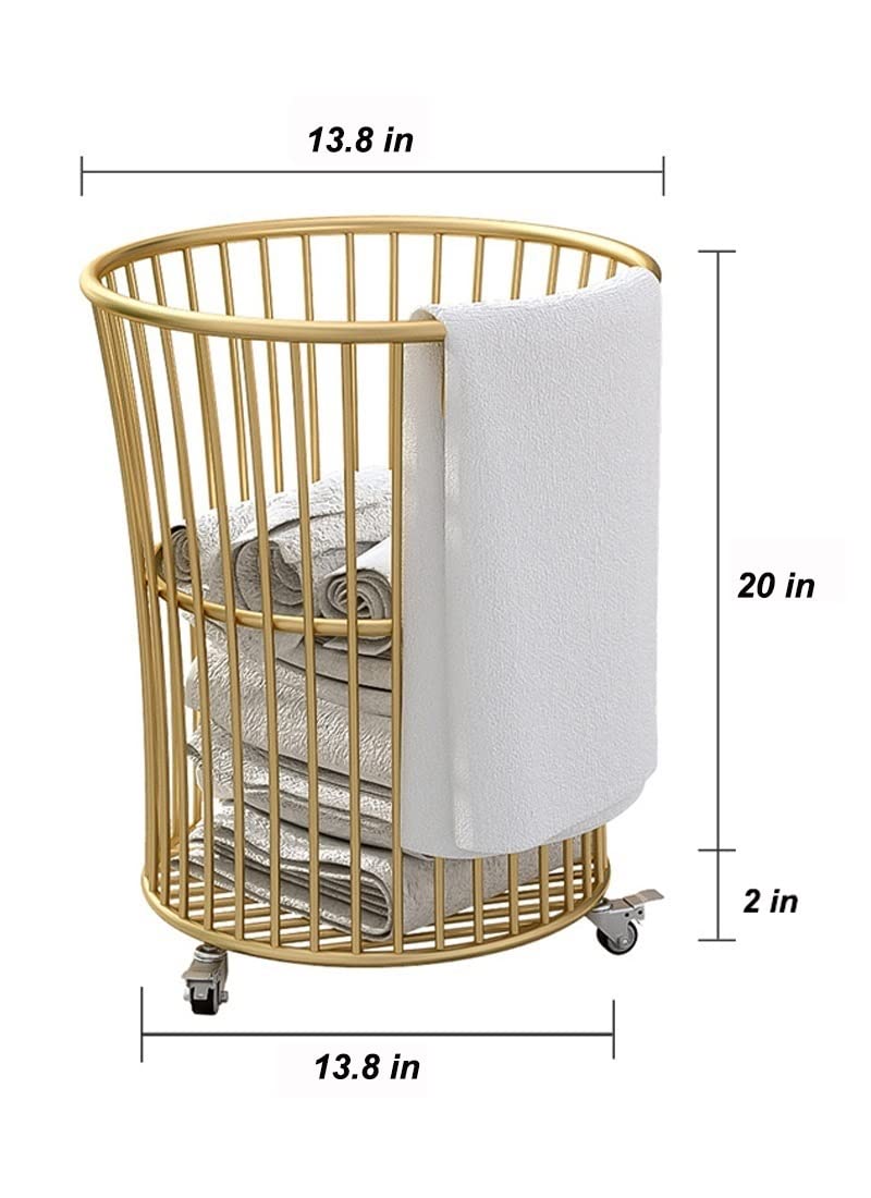 Rolling Laundry Hamper with Wheels,Metal Cart Basket Clothes Storage Organization Bin for Living Room,Bathroom,Bedroom or Kids Bedroom,Gold